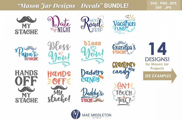 Mason Jar Designs, Decals, printable labels svg files Bundle