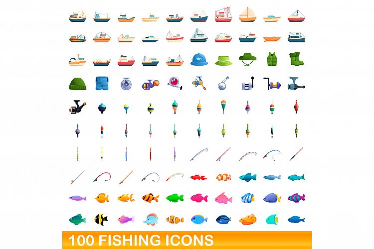 100 fishing icons set, cartoon style example image 1