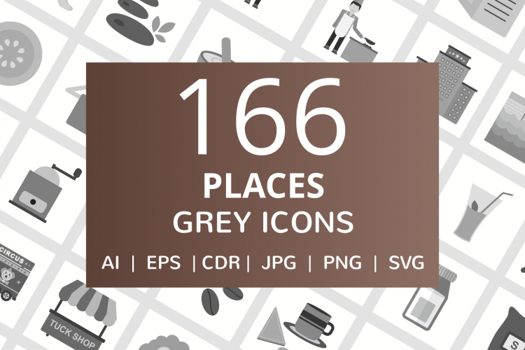 166 Places Flat Greyscale Icons