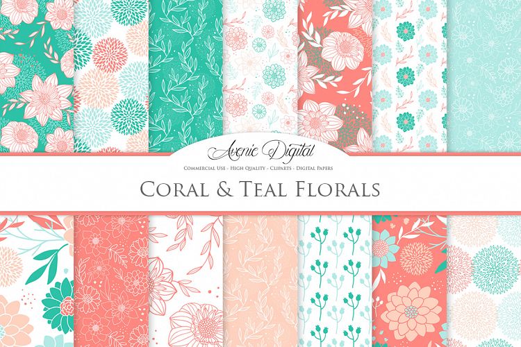 Coral and Teal Floral Vector Patterns - Red Flower Seamless Digital Papers