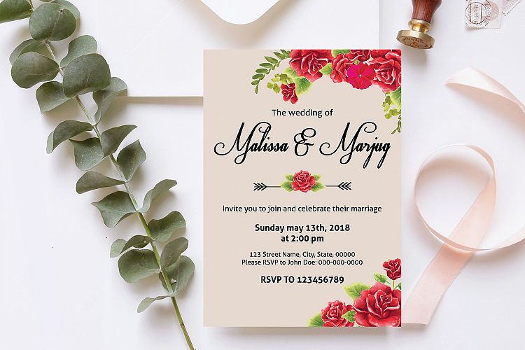 Red Flower Wedding Invitation Template