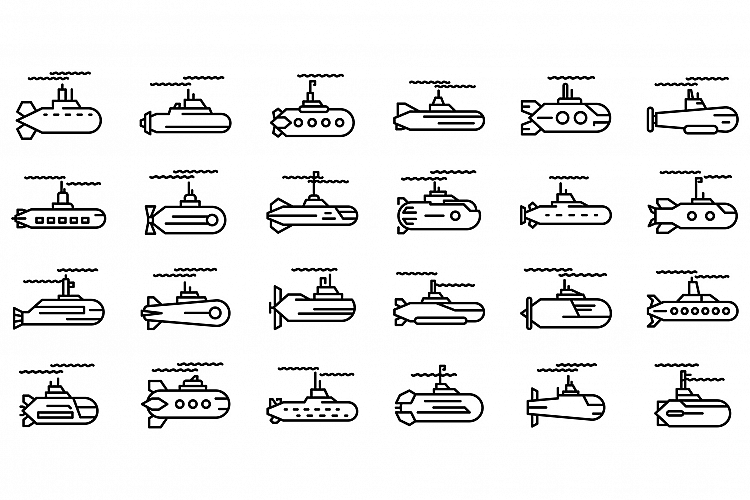 Submarine icons set, outline style