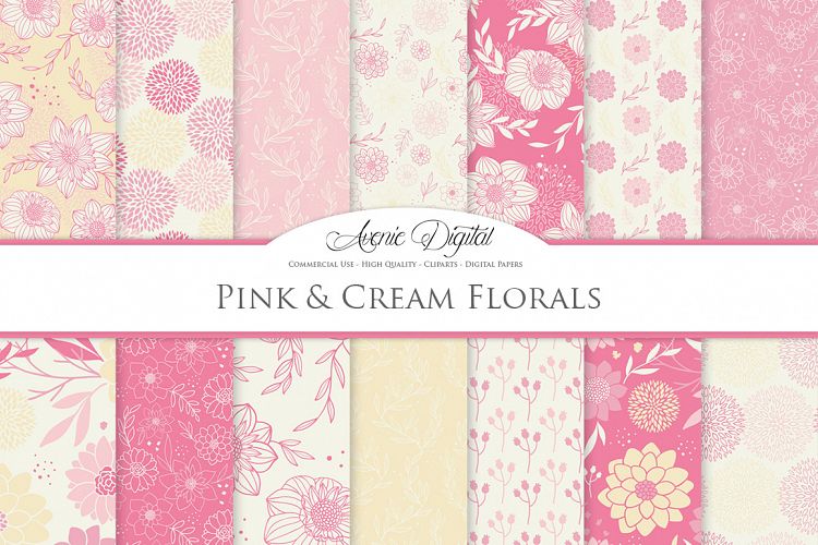 Pink and Cream Floral Vector Patterns - Pink Flower Seamless Digital Papers