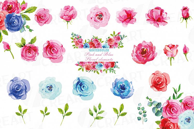 Watercolor Pink and Blue Roses and leafs clip art pack, png