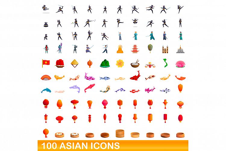 100 asian icons set, cartoon style