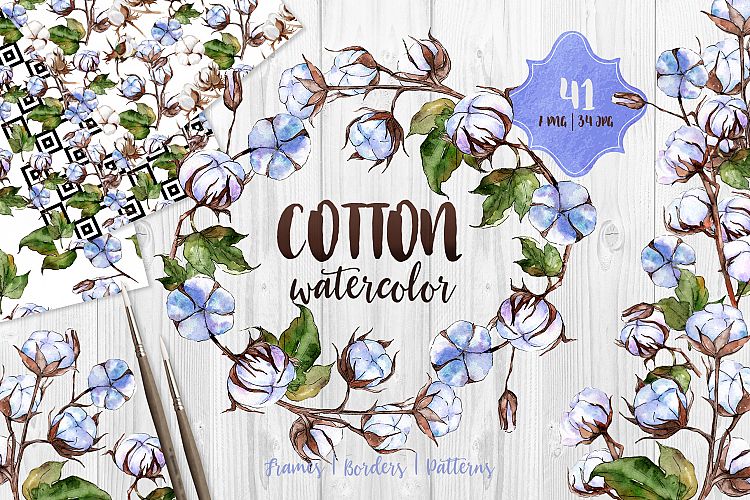 Blue and white cotton PNG watercolor set