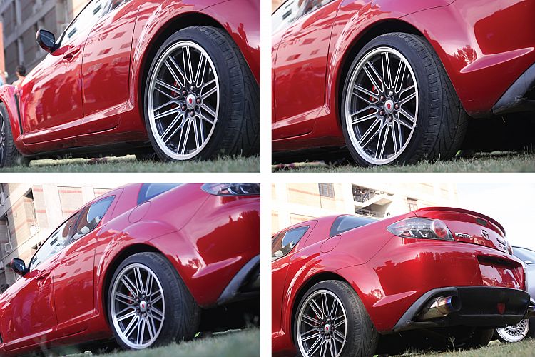 Red color Sport car back side view, Chrome rim, wheel, tyre.