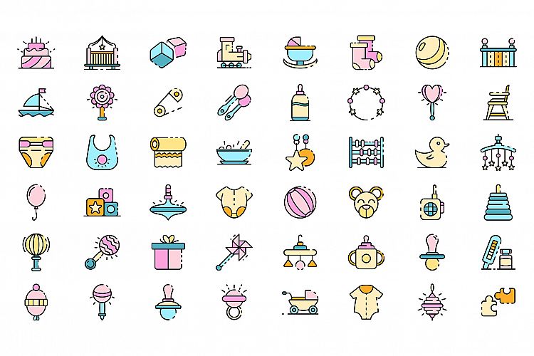 Baby items icons set line color vector example image 1