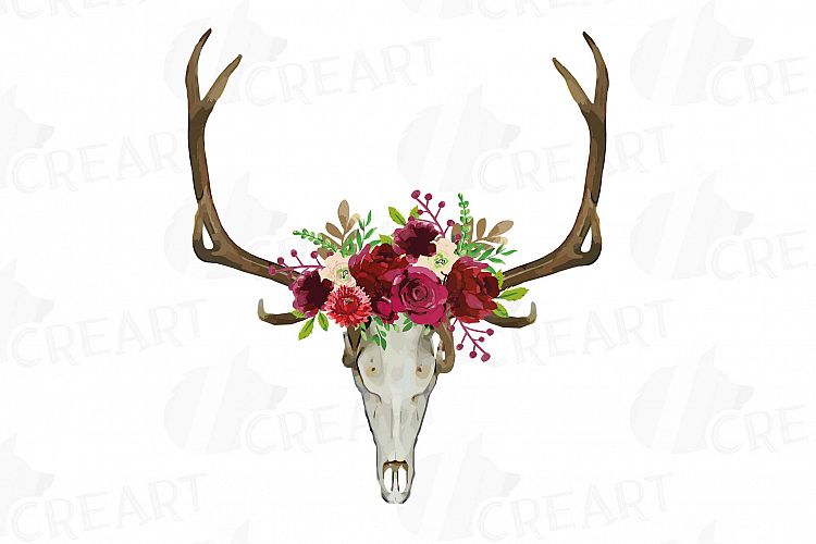 BOHO Floral Elk Skull watercolor clip art, Indian Tribal Elk