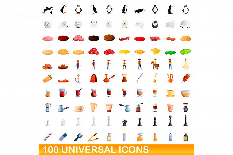 100 universal icons set, cartoon style example image 1