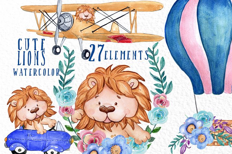 Cute Lions clipart, WATERCOLOR ANIMALS, Air Balloon flowers