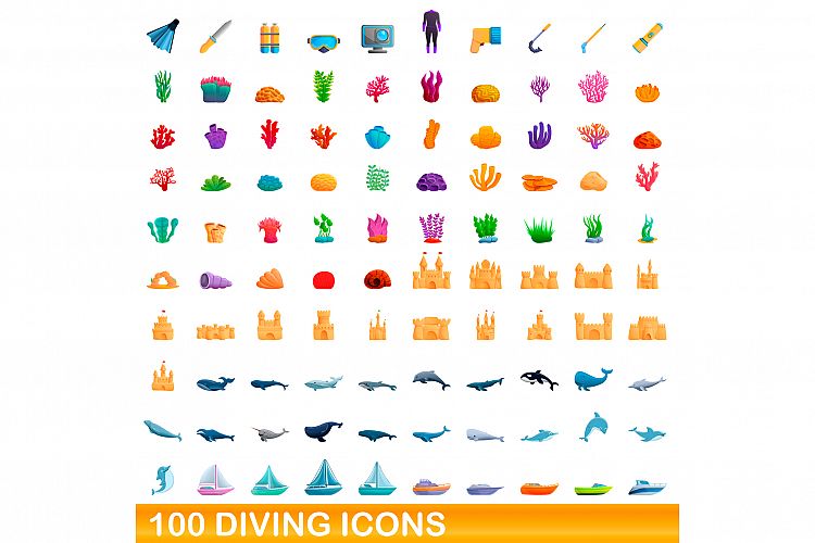 100 diving icons set, cartoon style example image 1