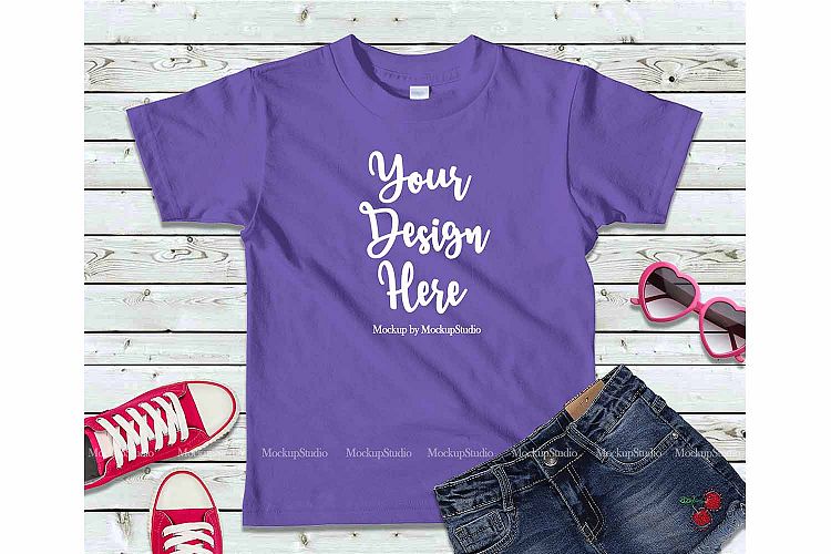 Girls Puple Tshirt Mock Up Kids Teen Flat Lay Tee Display