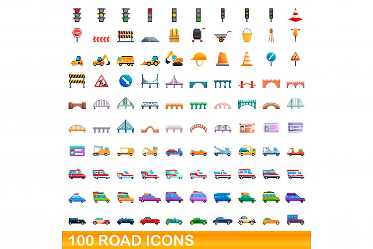 100 road icons set, cartoon style example image 1