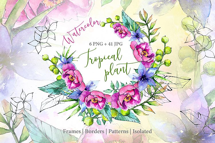 Wonderful tropical plant PNG watercolor set