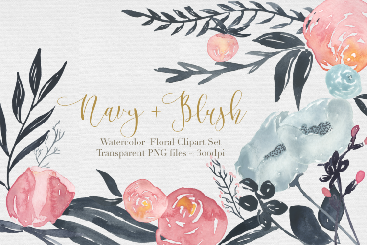 Navy + Blush Watercolor Clipart Set example image 1