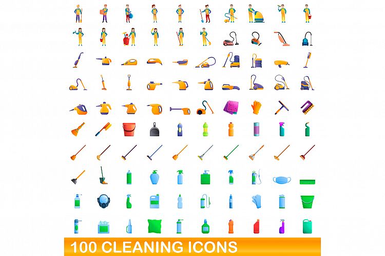 100 cleaning icons set, cartoon style example image 1