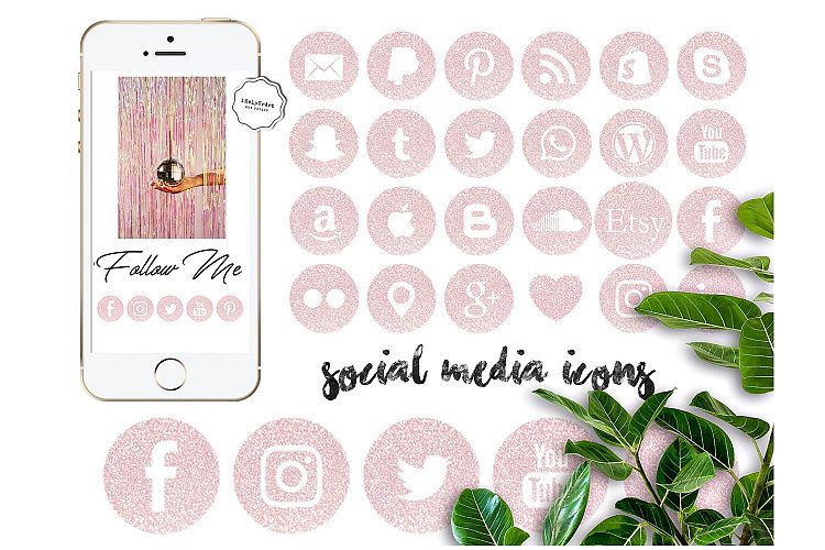 Pink Glitter Social Media Icons