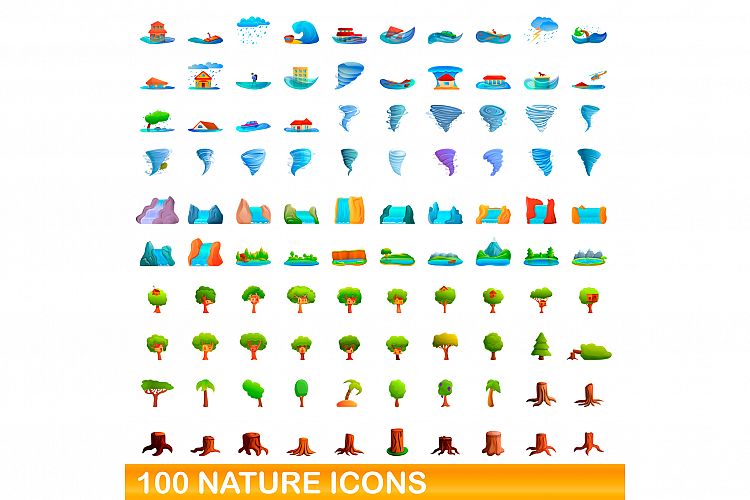 100 nature icons set, cartoon style example image 1