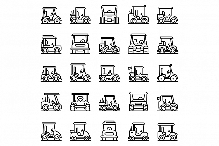 Golf cart icons set, outline style