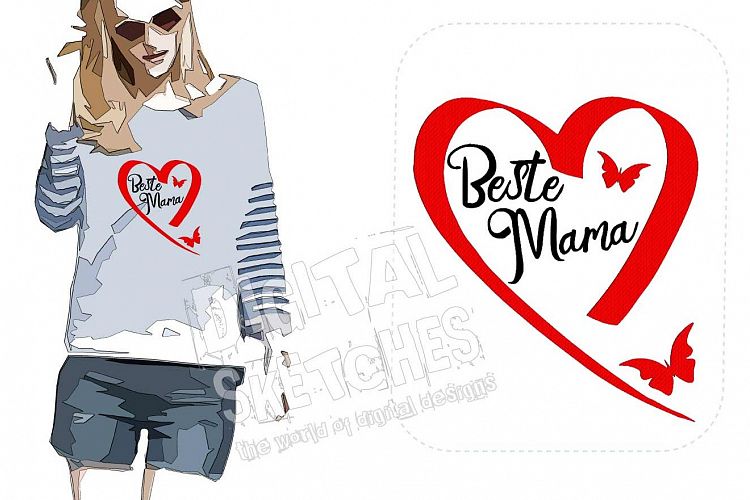 Beste Mama Saying German Butterfly Heart Machine Embroidery