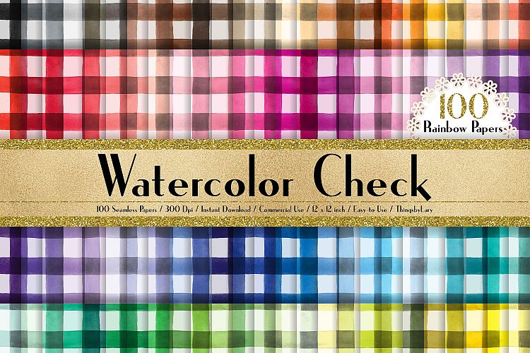 100 Seamless Watercolor Check Digital Papers 12 x 12 inch