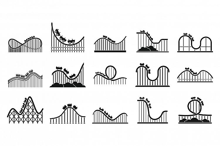 Roller coaster park icons set, simple style example image 1