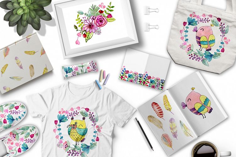 Watercolor owls. Kit.