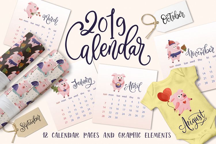 Calendar 2019 and graphic elements.