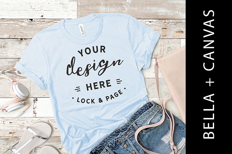 Light Blue Bella Canvas 3001 T-Shirt Flat Lay Rustic Mockup