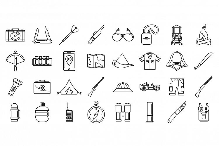 Hunting safari equipment icons set, outline style example image 1