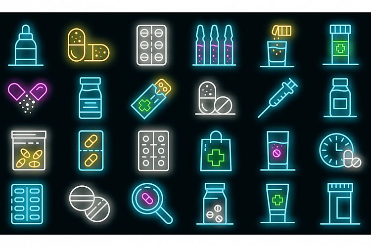 Antibiotic icons set vector neon