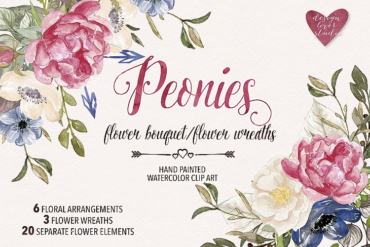 Watercolor peonies floral bouquets / wreaths cliparts