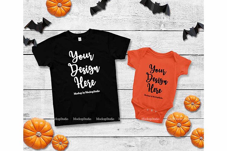 Halloween Siblings Black Orange T-Shirt Bodysuit Mockup