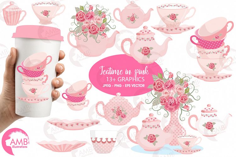 Teacups and Tea Pots in pink cliparts, graphics, illustrations AMB-961