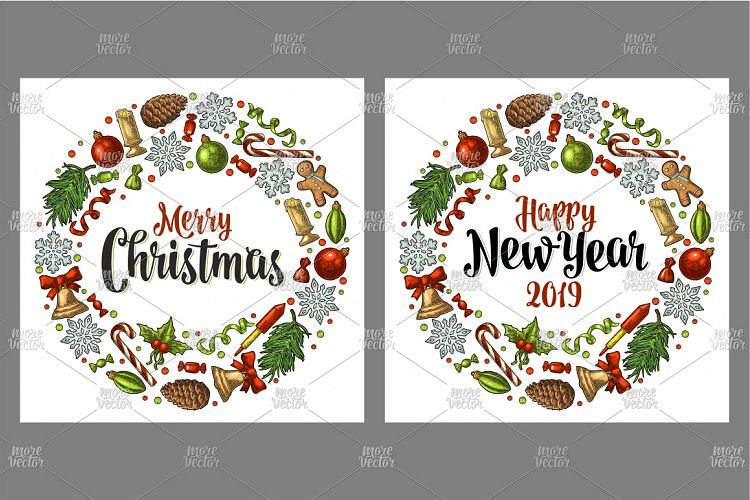Circle shape set Merry Christmas 2019 NewYear. Engraving