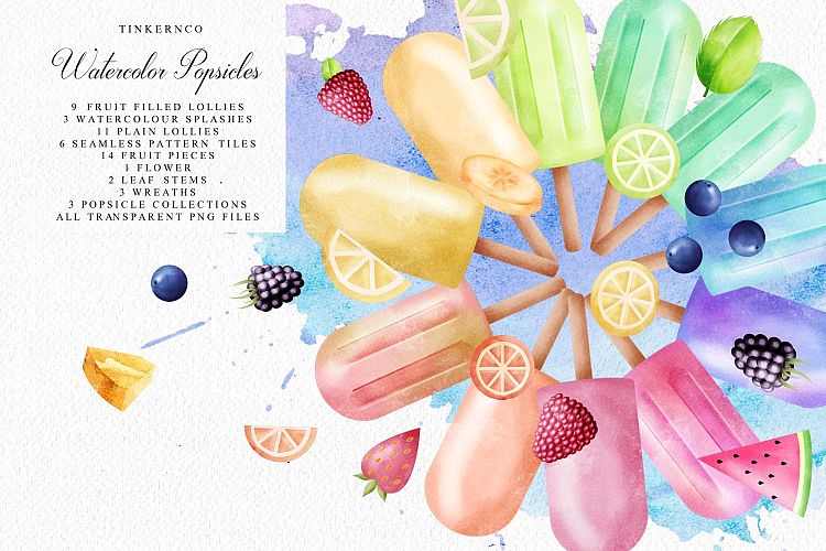 Summer Watercolor Popsicle Graphics Set and Patterns