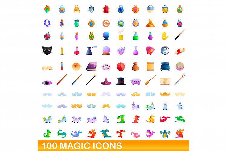 100 magic icons set, cartoon style example image 1