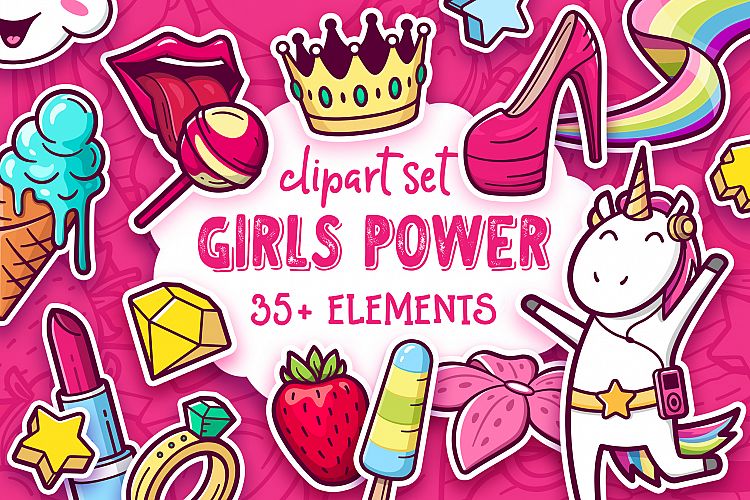 Girls Power. Clipart and pattern set