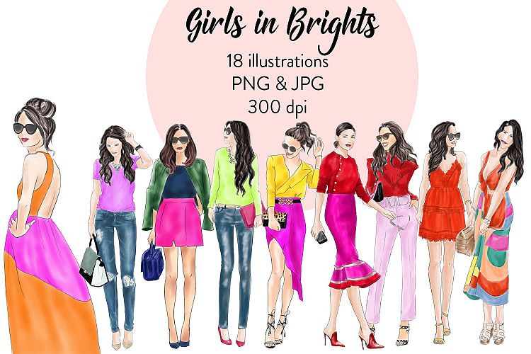 Watercolor clipart - Girls in Brights -  Fashion illustration