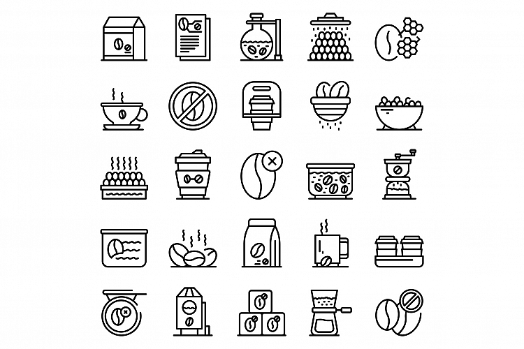 Decaffeinated coffee icons set, outline style