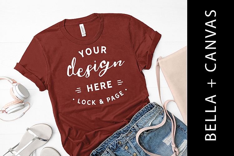 Rust Bella Canvas 3001 T-Shirt Mockup Sandels Bag Headphones