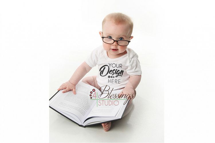 Blank White Baby Bodysuit Shirt Mockup modeled by baby