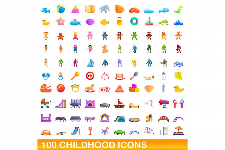 100 childhood icons set, cartoon style