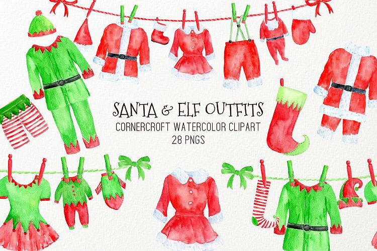 Watercolor Santa and Elf Outfit Clipart