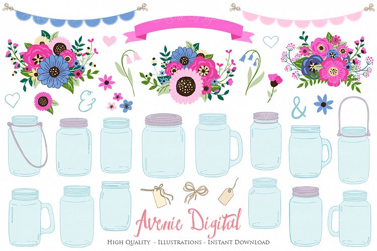 Pink and Navy Mason Jar Wedding Clipart