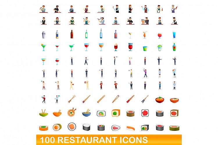 100 restaurant icons set, cartoon style