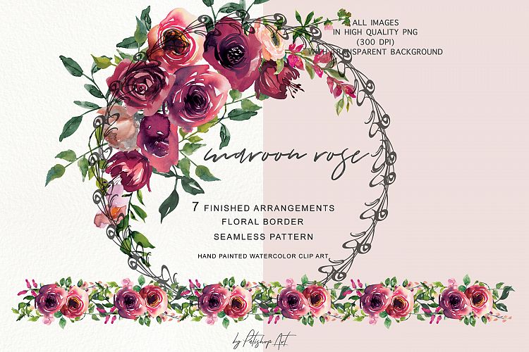 Watercolor Maroon Rose Clipart Floral Bouquet