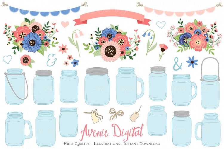 Coral and Navy Mason Jar Wedding Clipart