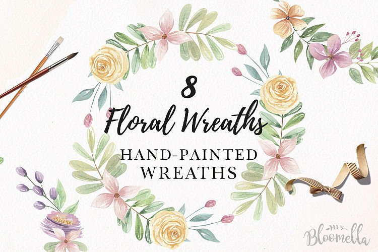 Watercolor Floral Wreaths 8 Garlands Pretty Flowers Set Pink